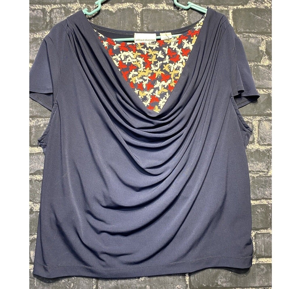 Alfred Dunner Blouse Womens Large‎ Blue Cowl Neck Butterfly Print Short Sleeve